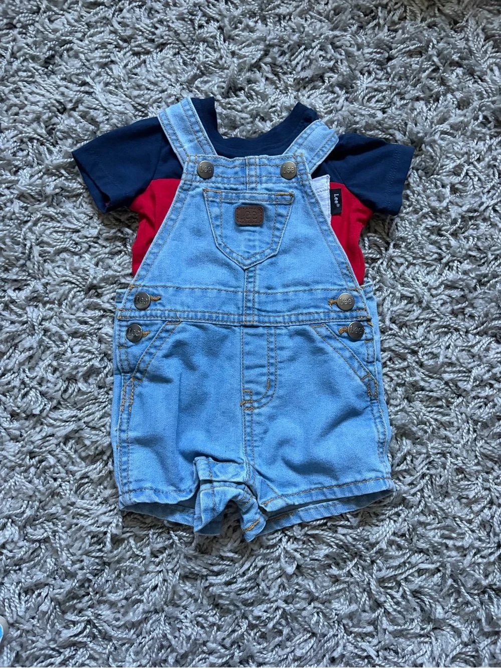 Lee Light Blue Denim Shortalls with Navy & Red Tee